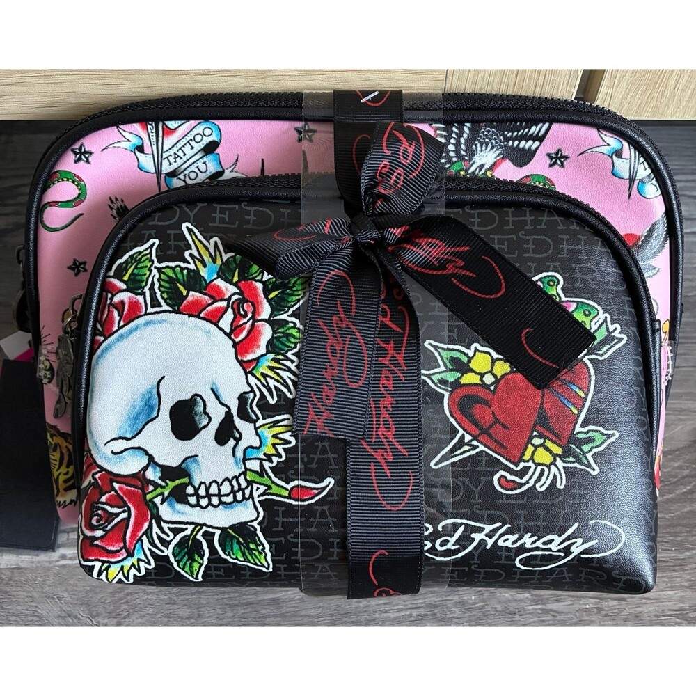 Ed Hardy 2 Piece Cosmetic Travel Case Set Pink Tattoo Skull Roses New